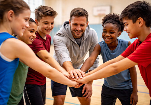 Trainer und Kinder zusammen